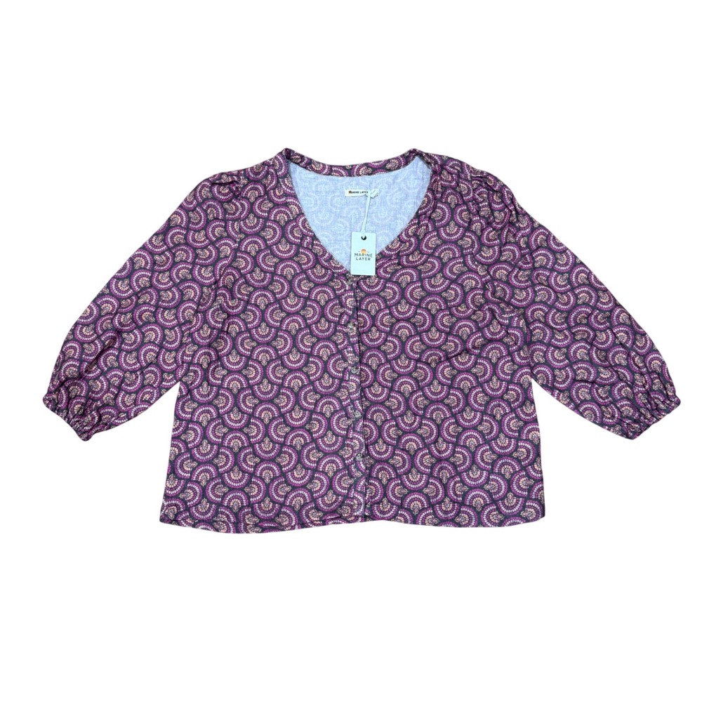 Marine Layer Colette Doublecloth Boho Top Pink‎ Fan Print V-Neck L Large NWT